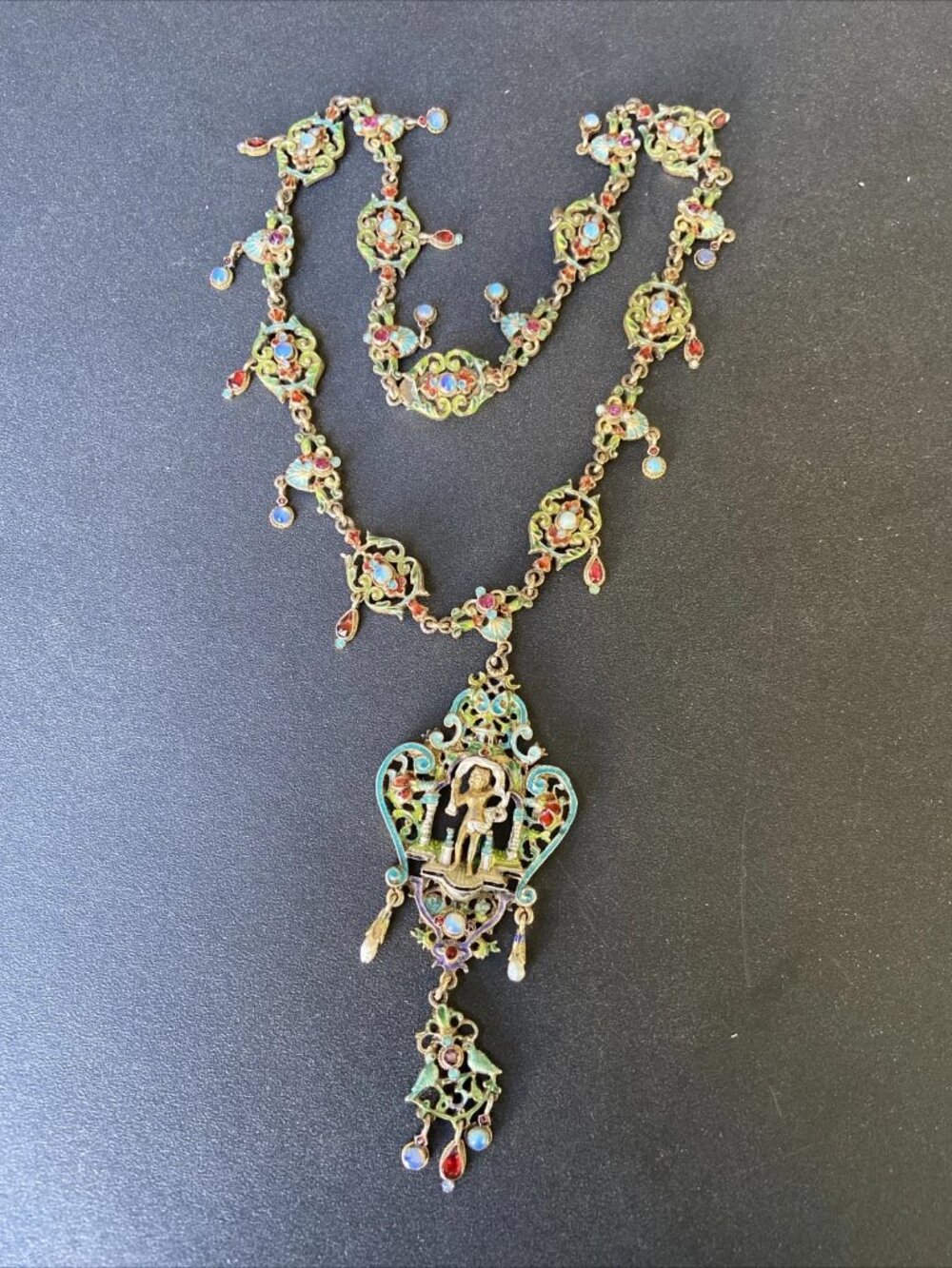 Antique Austro Hungarian Silver Enamel Necklace Opal Garnet Pearl 19th Century
